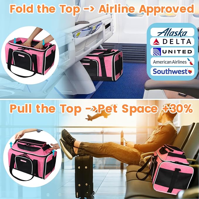 Petskd Top-Expandable Small Pet Carrier 17"x11"x9.5" Airline Approved | for Alaska Airlines, Lockable Safety Zippers and Anti-Scratch Mesh, Soft-Sided, Pets Under 10 Lbs, Pink