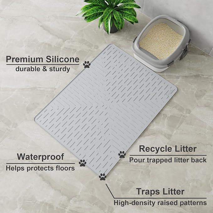 Large Cat Litter Mat, 31.5x23.6 Silicone Trapping Mat Ash Grey | for Kitty Litter Box, Easy Clean, BPA Free Rubber, Center Litter Collection, Easy Pour-Back, Waterproof, Odor-Resistant