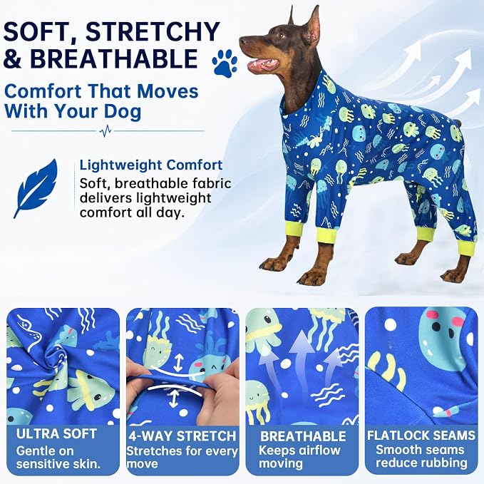 Dog Pajamas for Small to Medium Dogs, Soft Stretchy Lightweight Dog Onesie, Blue Jellyfish Print, Breathable Full Body Dog PJs for Recovery, Sleeping & Calming (Large, 20–30 lbs)