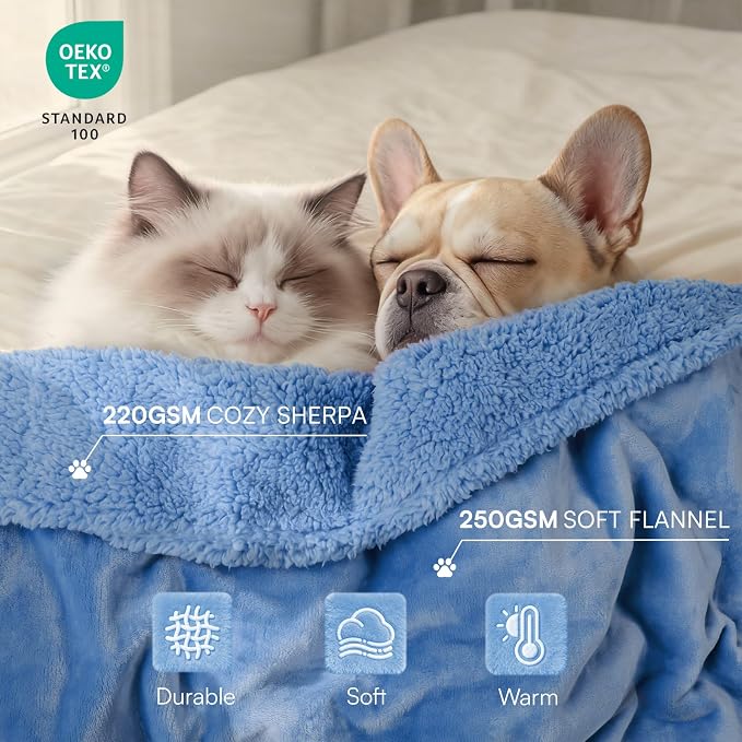 Luciphia Waterproof Blanket for Large Dog, Reversible Sherpa Couch Cover | waterproof pet blanket sherpa fleece reversible couch cover bed protector car from spills scratches, Blue 57" x 40"