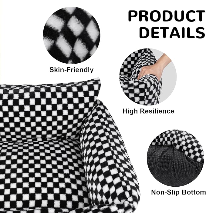 Dog Beds for Small Medium Dogs, Washable Soft Fleece Dog Bed with Removable Cover, Puppy Sofa Bed with Anti-Slip Bottom, Pet Sleeping Bed for Indoor Cats & Dogs Under 23 lbs (Grid Black)