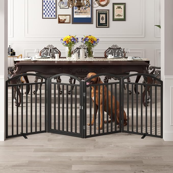 Foldable Pet Fence 80" Wide, 30" Tall,No-Assembly Dog Gate with Door,Black | 4 Panels Metal Folding Freestanding Dog Gate Walk Through,Extra Accordion Puppy Folding Playpen for Doorways, Stairs,House