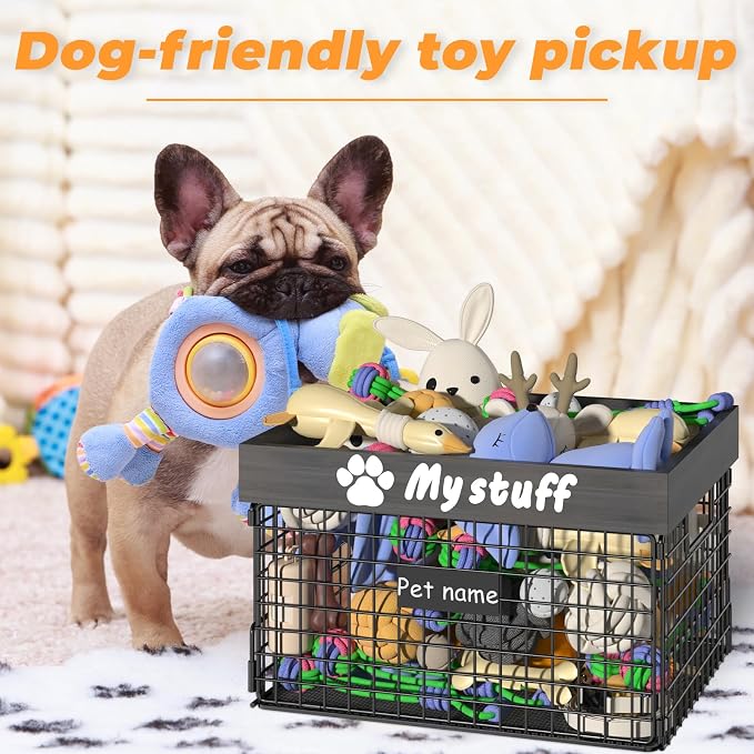 Dog Toy Bin Toy Basket Metal Storage Box with Handles Dog Organizer Chew-Proof Dog Toy Box Blankets Leashes Chest Puppy Dog Toy Storage Wood Metal Container Home Decor Pet Toys Dog Cat