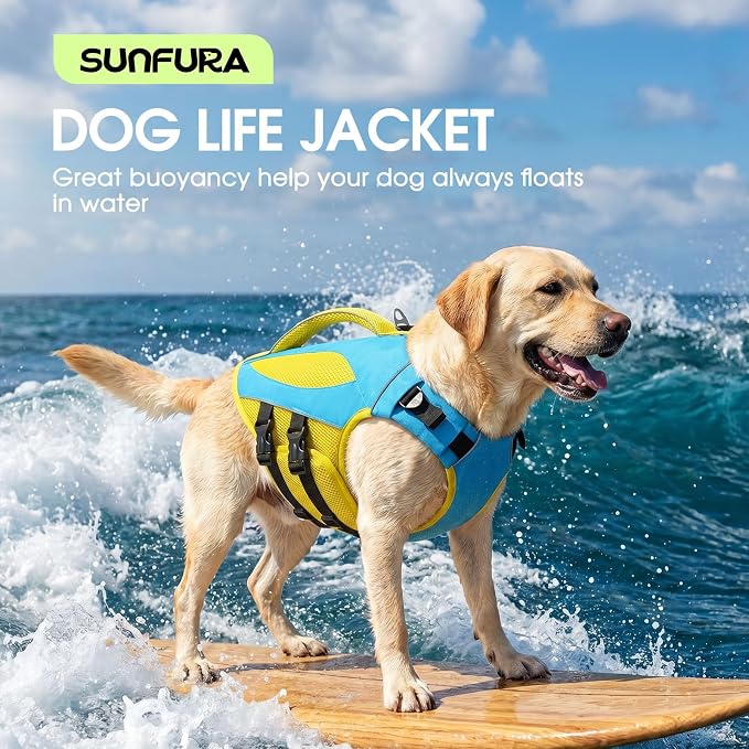 Dog Life Jacket, Reflective Dog Life Vest for Swimming, High Flotation Pet Swimminf Vest with Rescue Handle, Adjustable Pet Swimsuit Lifejacket for Medium Large Dogs, Blue Yellow L