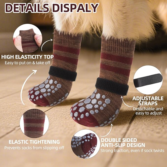 PUPTECK Non Slip Dog Socks to Prevent Licking for Hardwood Floors, Shoes for Hot Pavement Summer Small Medium Large Size Dogs Traction Control Booties Paw Protectors Boots Cold Winter