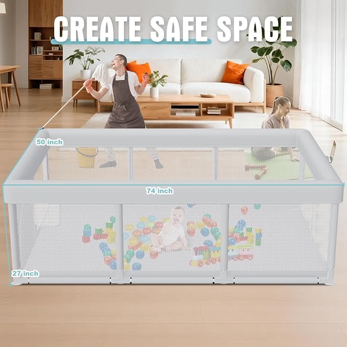 Hiaksedt Baby Playpen 74x50 Inch, Play Pens for Babies and Toddlers | Baby Fence Play Yards for Indoor & Outdoor with Breathable Mesh Anti-Fall Playpen (74"x50")