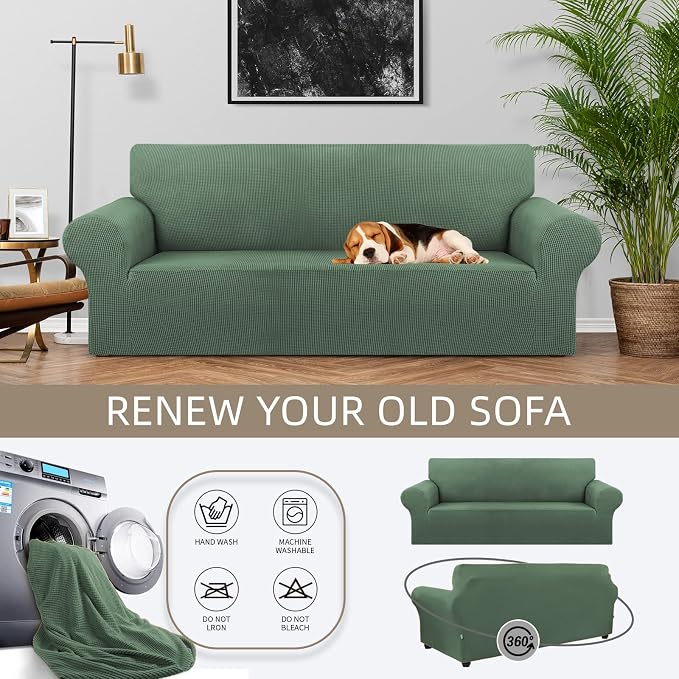 Stretch Couch Covers for Sofa, 3 Cushion Slipcover,Greyish Green | 1-Piece Washable Sofa Cover Pet Friendly(78"-94") Furniture Protector Soft Jacquard, Elastic Bottom for Dogs & Kids