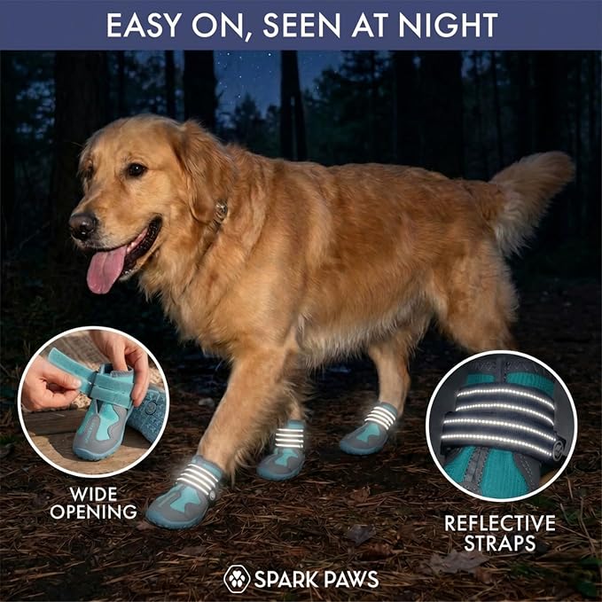 Spark Paws 365 Dog Shoes - All-Season Boots for Winter Snow & Hot Pavement | Water-resistant, anti-slip, stay-on straps - rain, ice & summer booties in one. Reflective; small, medium & large dogs