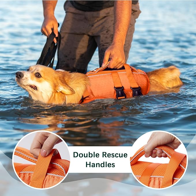 Kuoser Dog Life Jacket, High Flotation Reflective Dog Life Vest, Orange, M | Adjustable Dog Lifejackets for Small Medium Large Dogs, Lifevest with Rescue Handle for Swimming, Boating, Lake, Beach & Pool