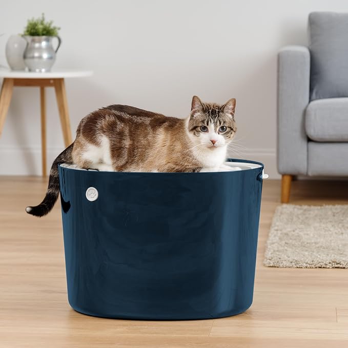 IRIS USA Large Top Entry Cat Litter Box, Hooded Privacy, Navy/White | Dog-Free Zone, Mess Containment System, Protected Interior, Dog Proof Pan, Odor Trapping, Easy Scoop Access