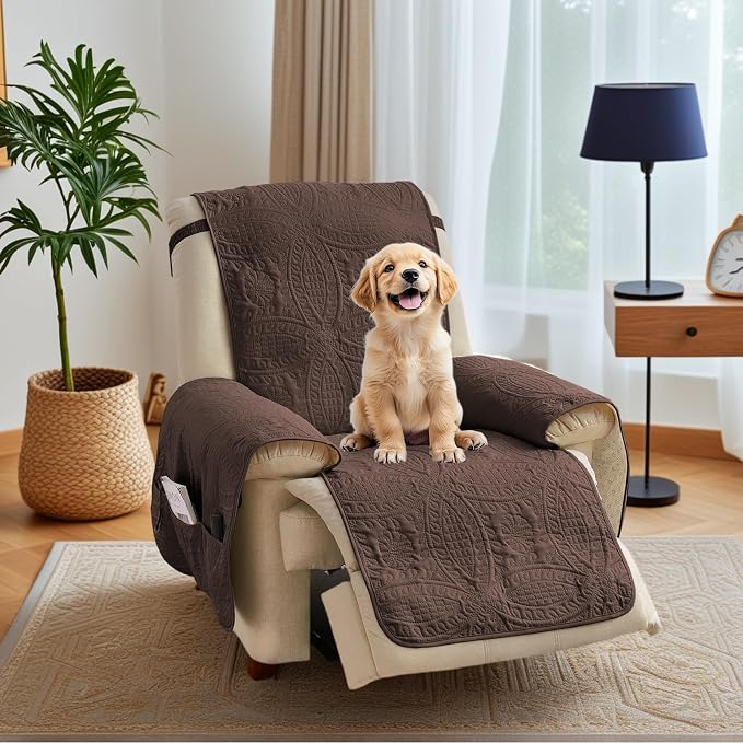 Quilted Recliner Chair Covers, Soft Lazy Boy Chair Covers, Water-Repellent Recliner Covers, Pet Friendly Chair Cover for Dogs Cats, Washable Furniture Sofa Protector (Recliner 22", Brown)
