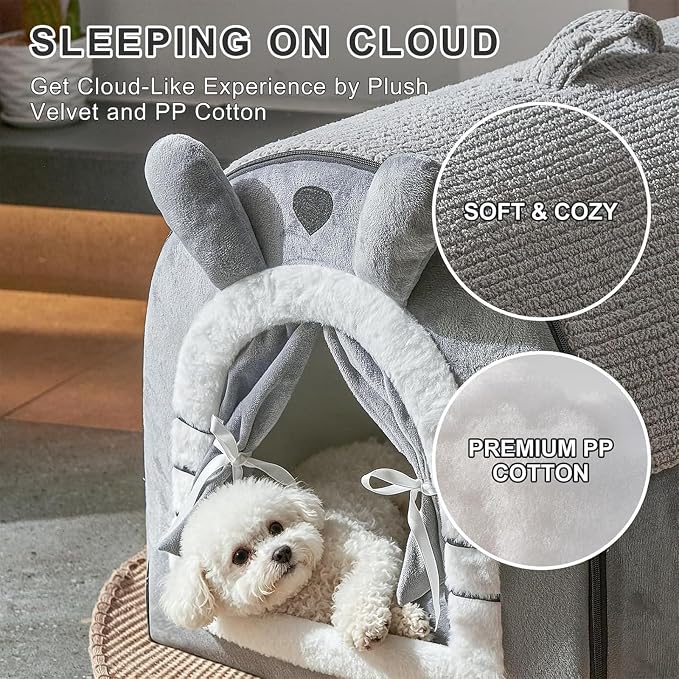 Jiupety Cute Small Dog Cave Bed with Door Curtain Design, Dog House with Reversible Washable Cushion, L Size Portable Puppy House for 14-22lb Cats and 12-17 lb Dogs, Non-Slip Bottom, Grey
