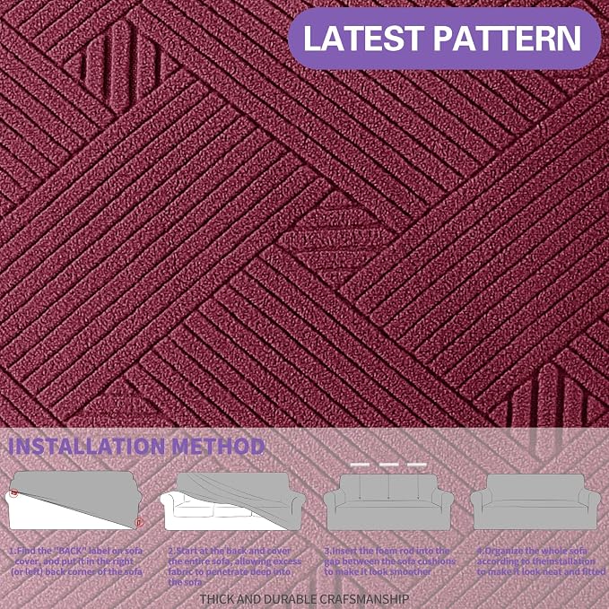 ZNSAYOTX Super Stretch Couch Cover (72"-92"), New Striped Sofa Covers Fitted Slipcovers with Elastic Bottom, Dog Cat Pets Proof Spandex Fabric Comfortable & Durable (Wine Red, Sofa)
