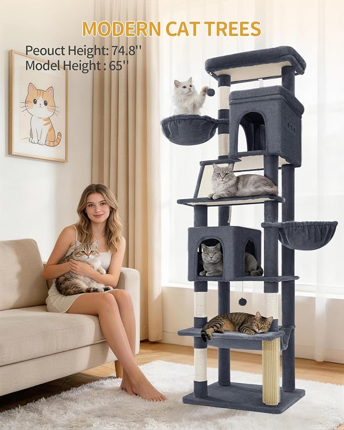 Hzuaneri Big Cat Tree, 75 Inch Tall Multi-Level Cat Tower, Indoor Larger Cat Condo Furniture with 5 Scratching Post, 2 Hanging Basket, 2 Condo, 2 Large Platform, Pet Play House, Dark Grey MS19018SG | Cat Condo Furniture with 5 Scratching Post, 2 Hangin...