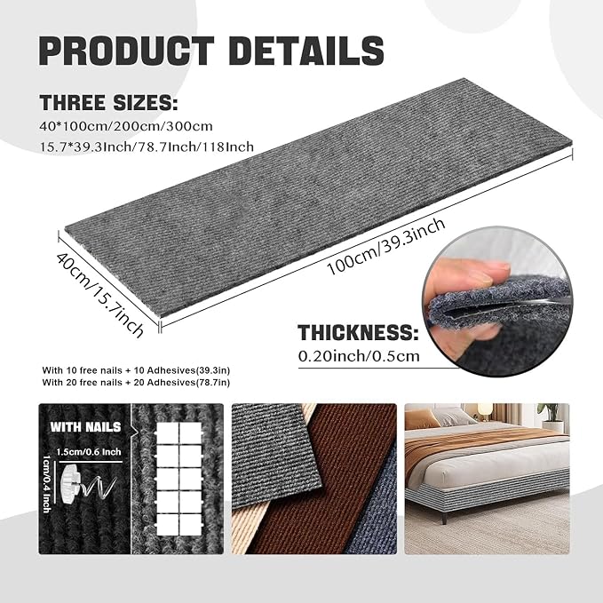 Cat Scratch Couch Furniture Protector, Self-Adhesive Scratch Pad | 39.3x15.8In, DIY Climbing Cat Carpet Mat for Door Window Protector, Couch Guard from Claws with Pins & Tape (LightGrey)