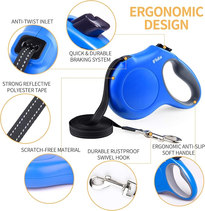 Fida Retractable Dog Leash with Dispenser and Poop Bags, 16 ft Pet Walking Leash for Medium Dog or Cat up to 44 lbs, Anti-Slip Handle, Tangle Free, Reflective Nylon Tape (M, Blue)