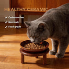 Havniva Elevated Cat Bowls, Ceramic Cat Bowl with Wood Stand, Wide Opening | 5.7” Raised Cat Food Bowls, Whisker Friendly Cat Dish, Anti-Slip Cat Water Bowls, Shallow Cat Bowls, Cat Food & Water Bowl