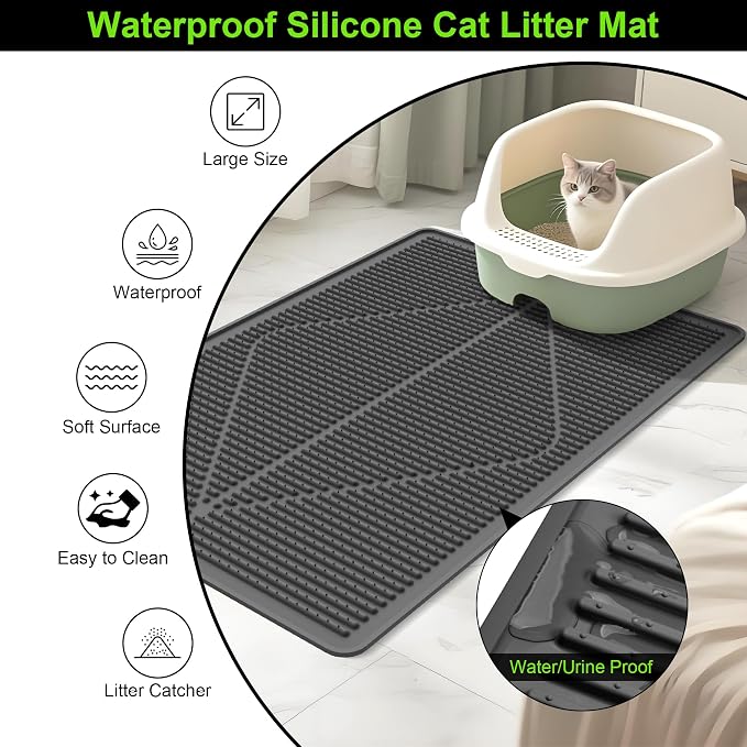 Mofason Silicone Cat Litter Mat XXL, Black Extra Large Litter Matt for Cat | Waterproof 38"x25" kitty litter box mat for floor; extra large pet trapping rug pad mat, cat litter catcher easy clean indoor