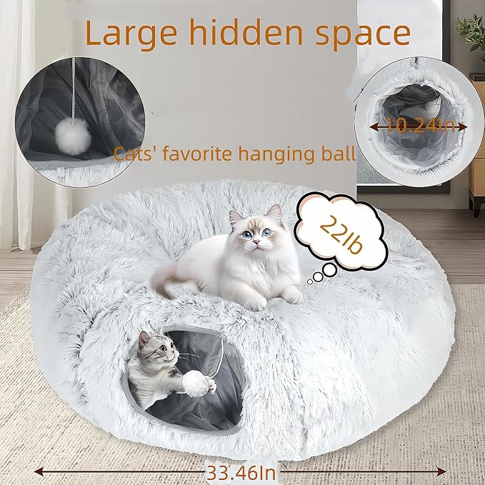 Large Cat Tunnel Bed for Indoor Cats with Hanging Pompom Toys | all-in-one donut cat bed for resting and playing, supports up to 22 lbs (33.46x33.46x11.49, Gray)