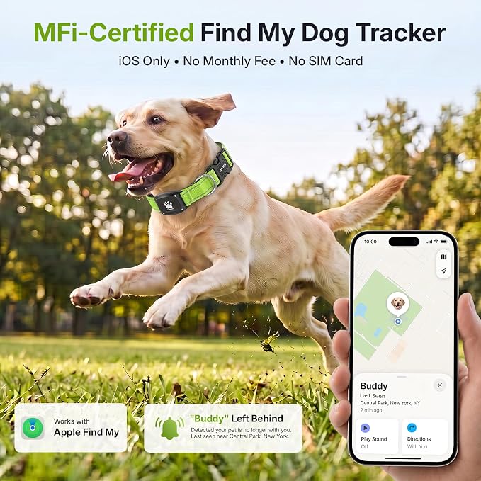 GPS Dog Collar Tracker 2-in-1,Reflective Waterproof Pet Collar,iOS-Only,No Monthly Fees,Unlimited Range,Dog Tracking Collar Pet Tracker,for Small Medium Large Dogs(M (14.5"-19.5"), Green)
