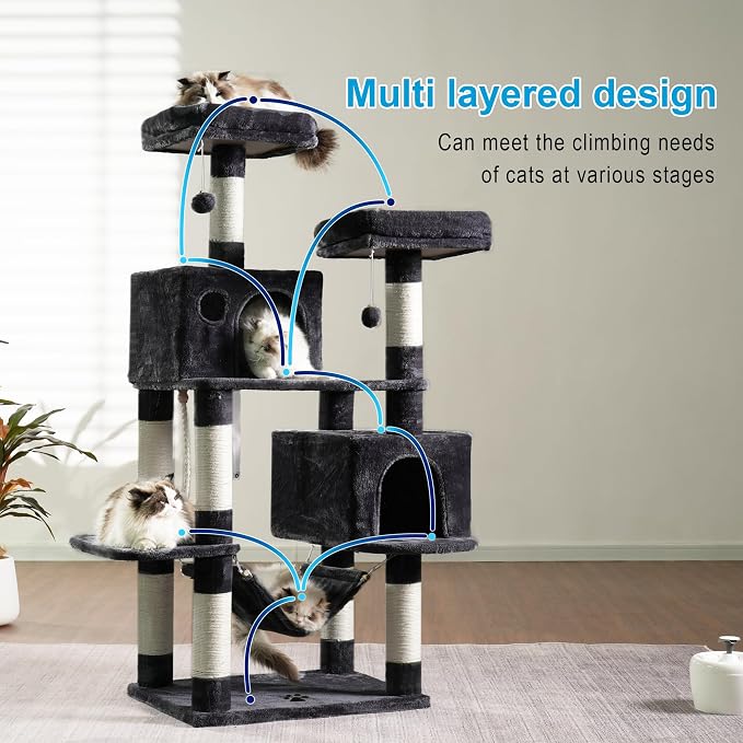 Hey-brother Cat Tree Tower with Sisal Scratching Posts, Big Condo, MPJ020G | 53.7 Inches Multi-Level Cat House with 2 Bigger Plush Condos, 2 Platforms, Hammock, Toy Balls for Indoor Cats, Smoky Gray