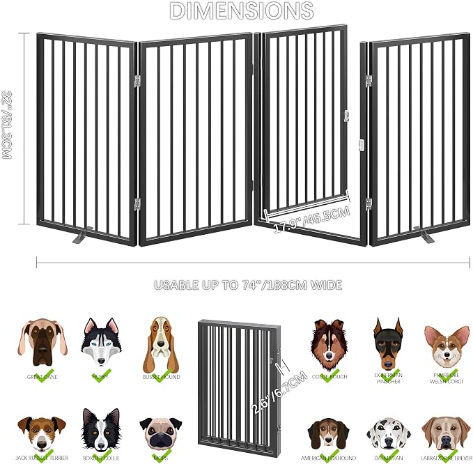 Vantas 80" x 32" Foldable Freestanding Extra Wide Dog Gate with Door,Black | Freestanding Dog Gate for Stairs and Doorways, Renter Friendly No Drill, Extra Wide, Easy Storage, With Support Feet