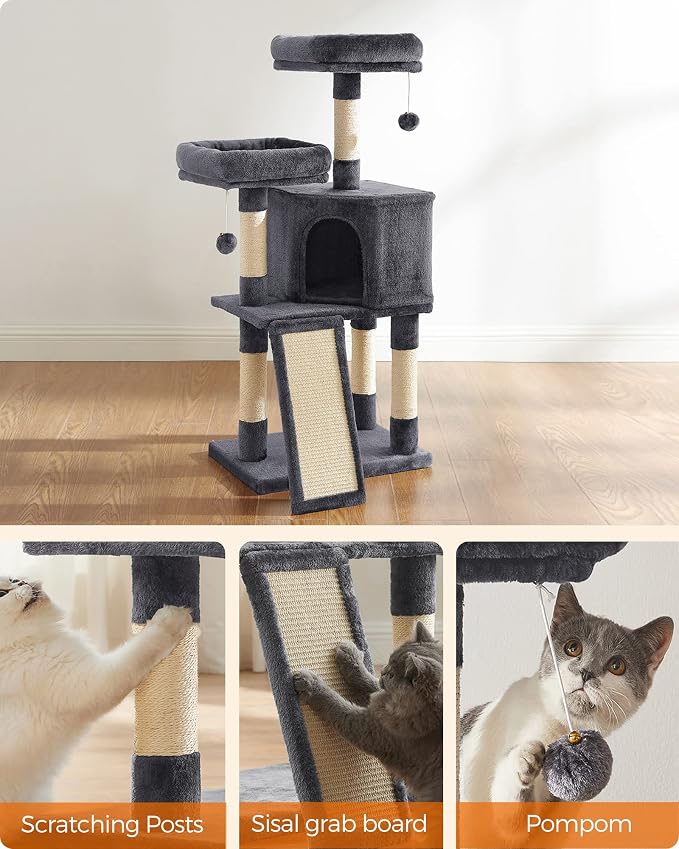 Feandrea Cat Tree, 45.3-Inch Cat Tower, Plush Condo Scratching Post, Gray | 45.3-Inch Cat Tower, Plush Condo with Scratching Post, Ramp, Perch, Spacious Cave, Smoky Gray