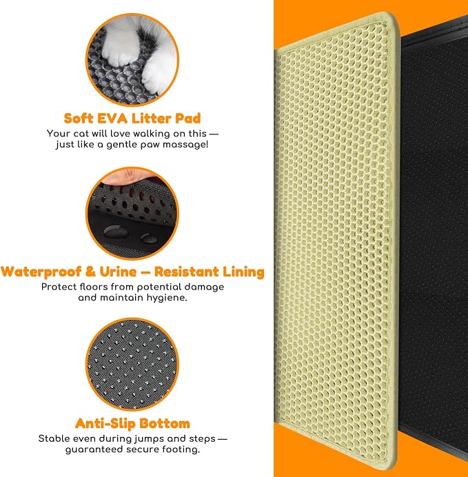 Cat Litter Mat 24"x16",Double Layer EVA Litterbox Mat Cream | Extra Large Honeycomb, Waterproof & non-slip, Odor-free, easy clean, washable durable floor protector,scatter control