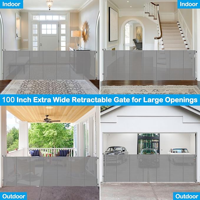 Reinforced 42" Extra Tall X 100" Extra Long Baby Gate for Large Openings with Reinforced Bars Retractable Pet Gate for Dogs Extra Wide Retractable Baby Gate No Sagging Extra Tall Retractable Dog Gate