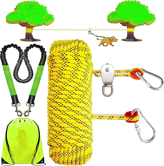 Dog Tie Out Cable for Camping, Dog Trolley System and 4ft Bungee Leash | Suitable for Dogs Up to 400lbs, Camping Yard andOutdoor Events