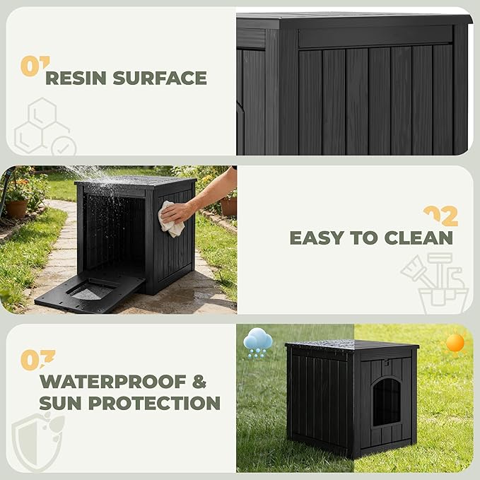 Cat Litter Box Enclosure, Enclosed Cat Litter Box Raised Floor, Openable Front Door Outdoor Cat House Weatherproof, Easy to Clean, Black