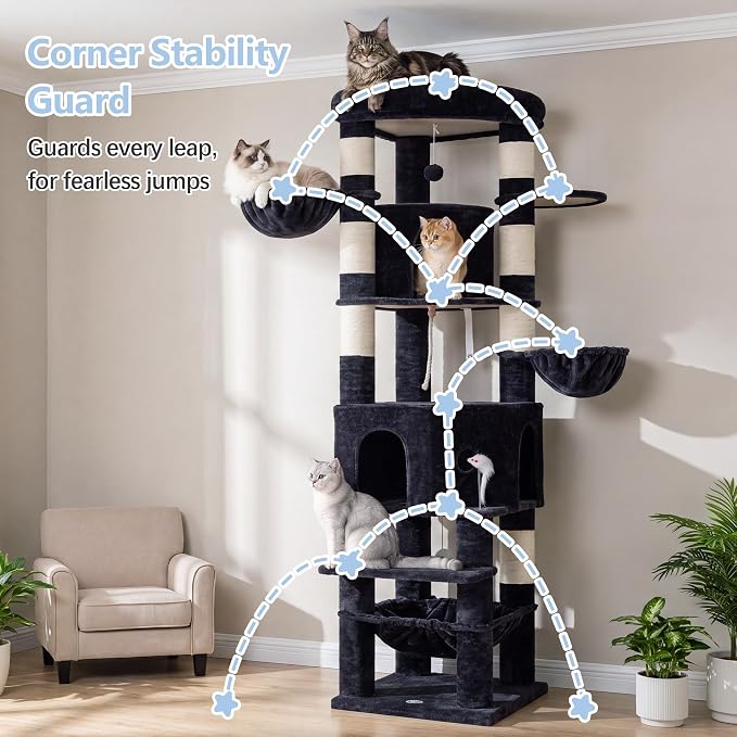 Cat Tree, 81.1" Skyward Corner Cat Tower for Large Cats VCT031G | Space-Smart Cat Furniture with Diamond Hideout, Grand Platform, Firm Base, 3 Soft Hammock & Pet Relax Station, Dark Gray