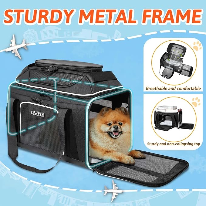 Petskd Top-Expandable Small Pet Carrier 18"x11"x11" Airline Approved | for Delta/American/United Airlines, Lockable Safety Zippers and Anti-Scratch Mesh, Soft-Sided, Pets Under 10 Lbs, Black
