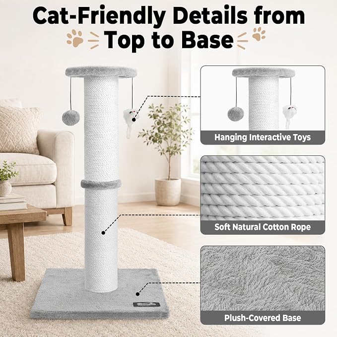34"Tall Cat Scratching Post for Large Cats, Stable Base, Light Gray | Heavy-Duty Cat Scratcher, Extra-Tall Thick Post, Soft Natural Cotton Rope, Hanging Interactive Cat Toys, Indoor Cat Furniture