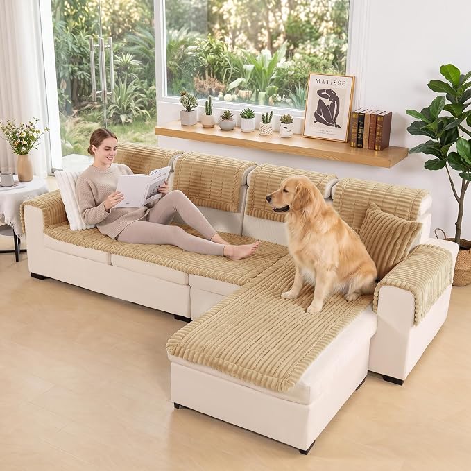 FUANGUI 2 Pack Waterproof Couch Cover for Dogs Pets Sofa Protector | Non-Slip Washable Fuzzy Soft Sofa Slipcover for 2 PCS L Shaped Sofa Pet Friendly, 27.6" x 70.9"+27.6" x 82.7",Khaki