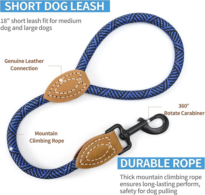 Mile High Life Short Dog Leash with Genuine Leather Connection | Rope Leash, Heavy Duty 360° Swivel Metal Clasp, for Small Medium & Large Dogs (Blue, 48 Inch)