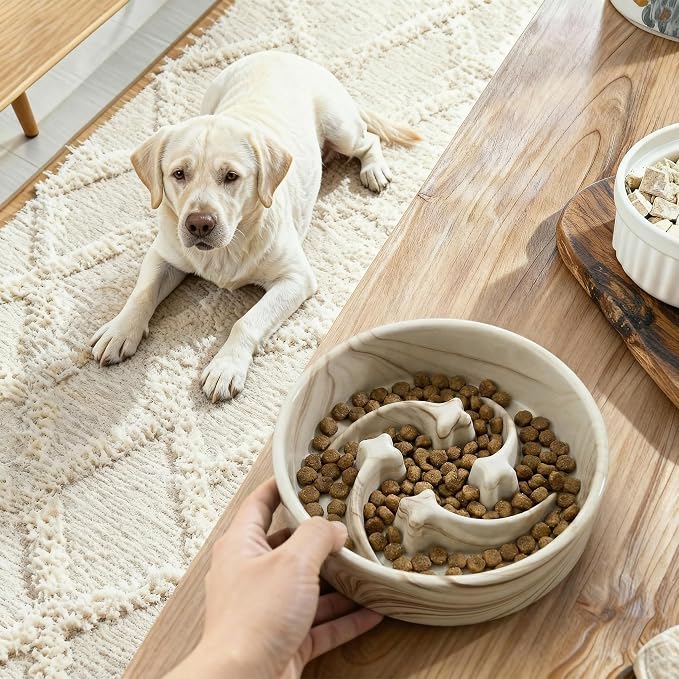 Stoneware Slow Feeder Dog Bowls Small Breed, 0.6 Cups, 6.4 Inch | Raised maze design slows fast eating for small dogs, puppies and cats; Marble Pattern Design，non-slip and dishwasher safe.