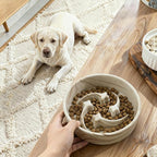Stoneware Slow Feeder Dog Bowls Small Breed, 0.6 Cups, 6.4 Inch | Raised maze design slows fast eating for small dogs, puppies and cats; Marble Pattern Design，non-slip and dishwasher safe.
