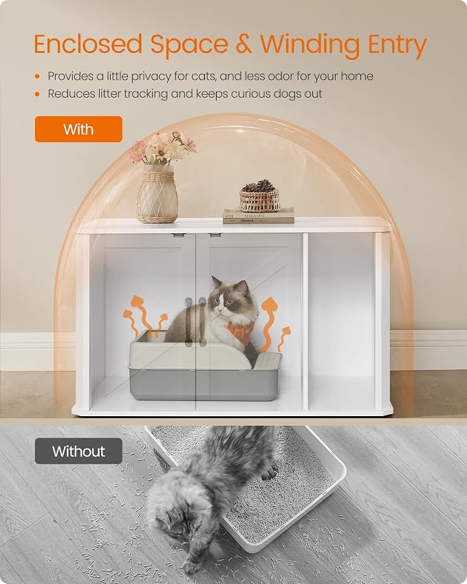 Feandrea Litter Box Enclosure, Modern Cat Litter Box Furniture Hidden, Front Entry, Double Doors, Handles, Cat House, Side End Table, 33.5 x 19 x 19.5 Inches, Cloud White UPCL012W01
