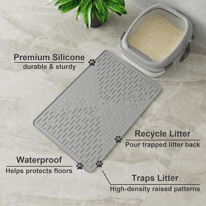Cat Litter Mat, 23.5x16 Silicone Trapping Mat Grey | for Kitty Litter Box, Easy Clean, BPA Free Rubber, Center Litter Collection, Easy Pour-Back, Waterproof, Odor-Resistant