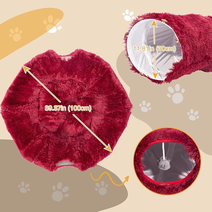 Avont Cat Tunnel Bed, Washable Cushion, Large 3-in-1 Play Tube for Cats | Play, Rest & Snuggle | Spacious for Big Cats | Durable Toggle Design | Removable Washable Cushion | Red