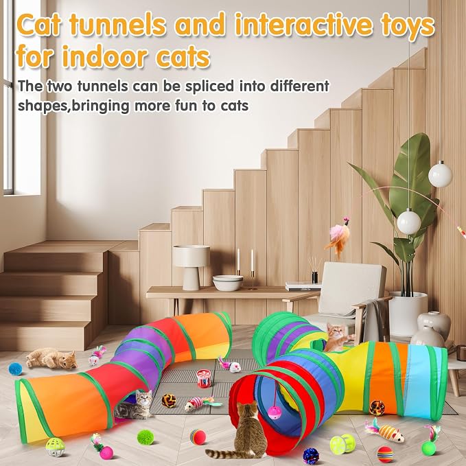Poen 22pcs Cat Kitten Toys Set with 2 Collapsible Cat Tunnel and 20 Interactive Kitty Feather Toy, Fluffy Mouse, Crinkle Balls, for Kitten Puppy(Multicolor)
