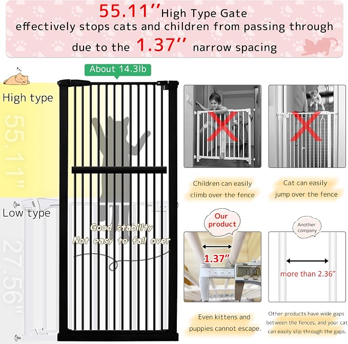 Lumizone 55.12" Extra Tall Pet Gate for Cat Dog 30.12"-34.05" Wide Black | Extra Tall Cat Gate for Doorway Hallway Stairs Pressure Mounted 1.37" Gap No Drilling Auto-Close Dual-Lock