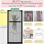 Lumizone 55.12" Extra Tall Pet Gate for Cat Dog 30.12"-34.05" Wide Black | Extra Tall Cat Gate for Doorway Hallway Stairs Pressure Mounted 1.37" Gap No Drilling Auto-Close Dual-Lock