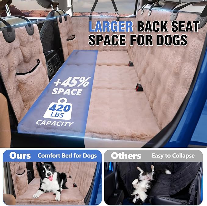 Btefd XL Hard Bottom Plush Furry Fuzzy Dog Seat Cover for Crew Cab Truck | Back Seat Pet Hammock for F150, RAM1500, Sierra, Tundra, Silverado, Titan, Soft Touch, 45% Extender Space, Waterproof