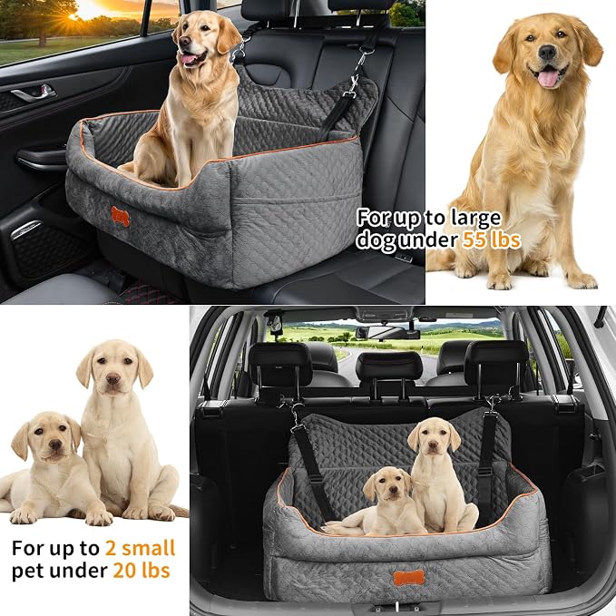 Dog Car Seat for Large/Medium Dogs - Memory Foam Dog Booster Seat for Under 55Lbs or 2 Small Dogs-Detachable and Washable Travel Bed with Thick Cushion and Storage Pockets-Grey
