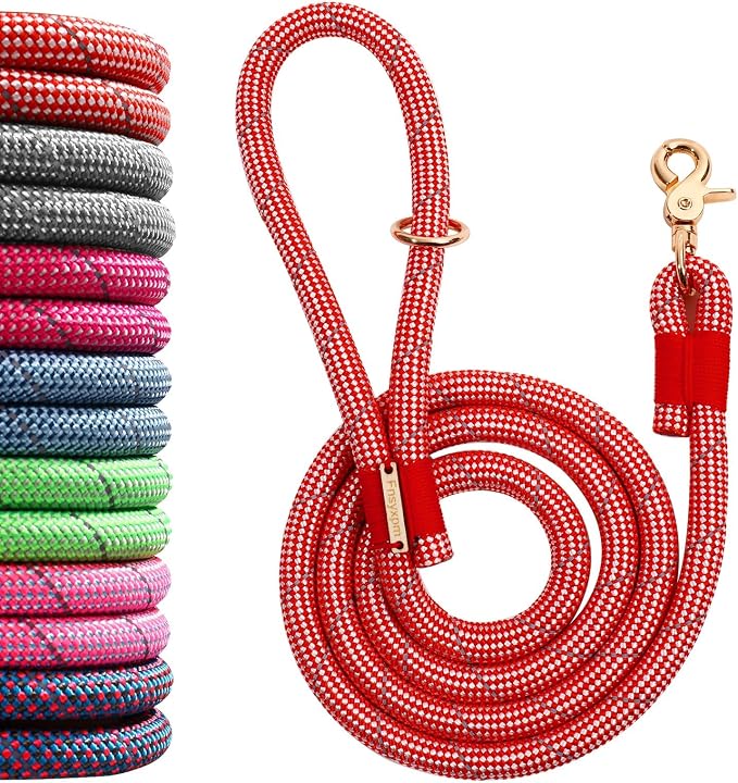 Nylon Rope Dog Leash, Red, 5 FT - 3/5" | Reflective, Handmade Braided, Heavy Duty, For Medium Large Dogs