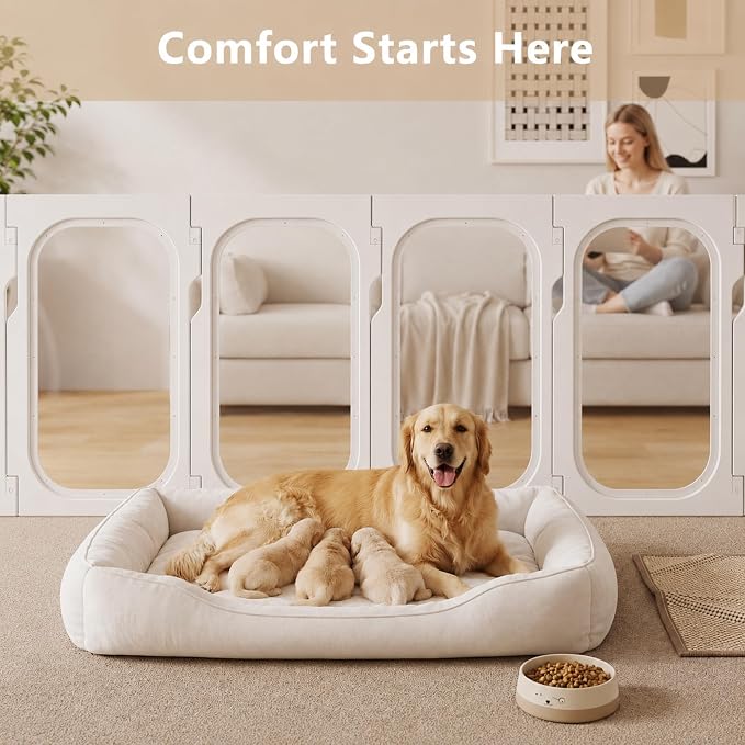 Acrylic Clear Dog Playpen Indoor with Door, 26'' H Transparent Dog Play Pen for Small Dogs, No-Connector Modular Puppy Playpen with Integrated Suction Cups Base, 8 Panels, White