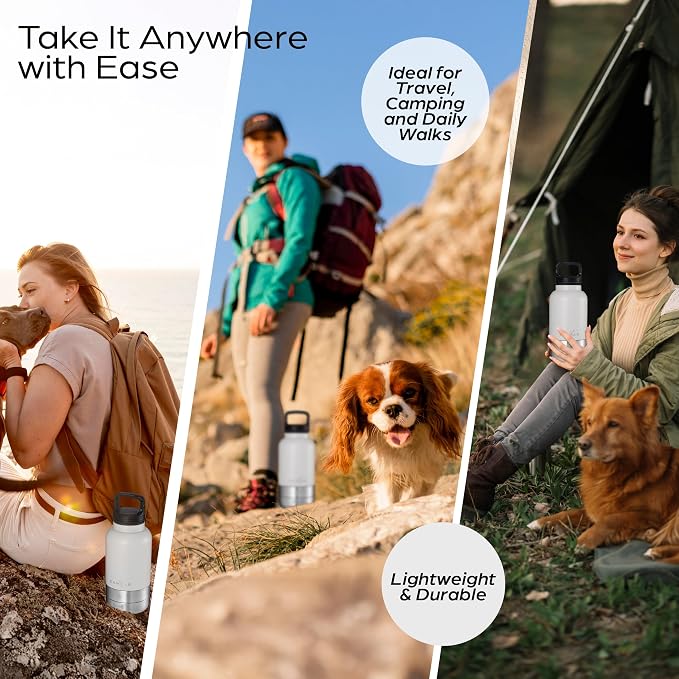 32oz Insulated Dog Water Bottle, Leak Proof with Food & Water Bowls | Leak-proof stainless steel bottle with detachable BPA-free food & water bowls; keeps water cold 24h for hiking, walks, travel