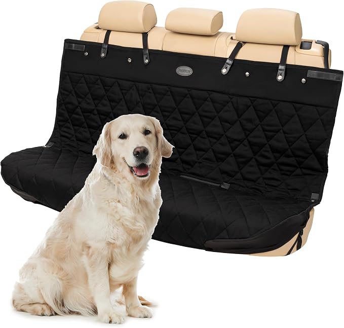 PetSafe Happy Ride Quilted Dog Car Seat Cover, Bench, Black | Seat Cover for Back Seat, Scratch-Resistant, Adjustable Straps and Elastic Panels, Machine Washable, Seatbelt Access Zippers